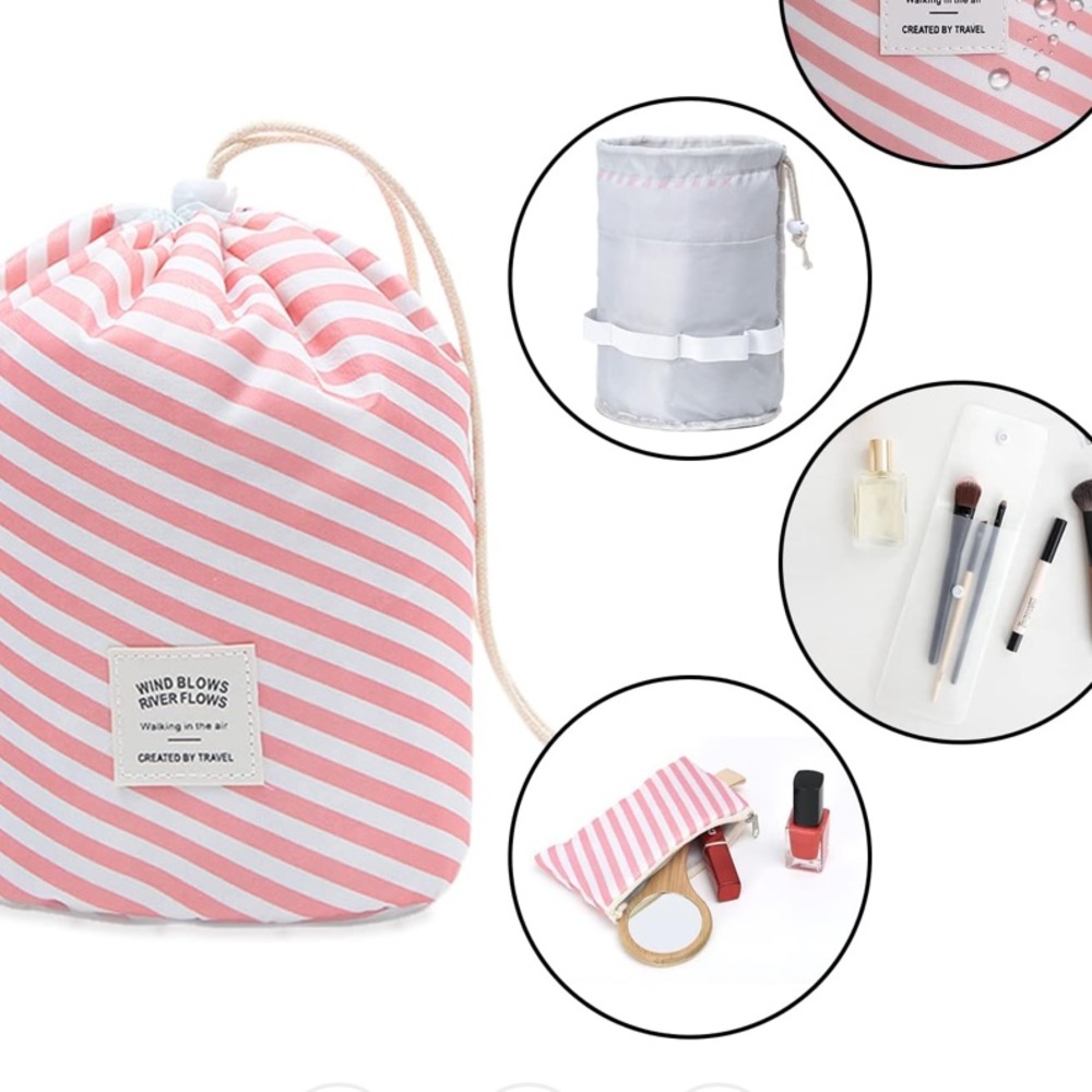 Wind Blows River Flows Pink & White
Striped Waterproof Travel Bag